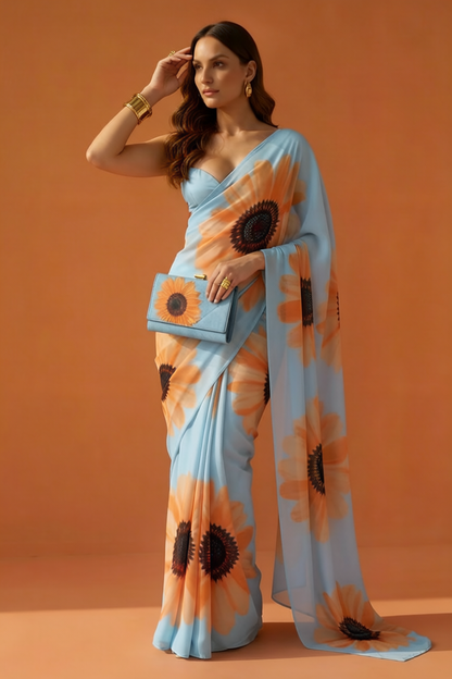Sky Blue & Orange Sunflower Print Georgette Saree
