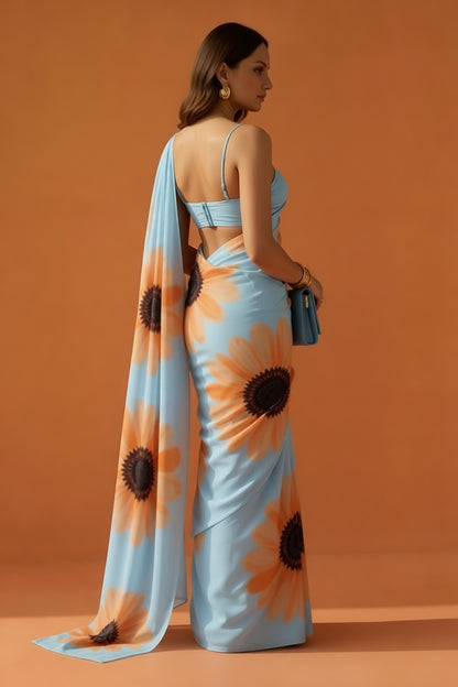 Sky Blue & Orange Sunflower Print Georgette Saree