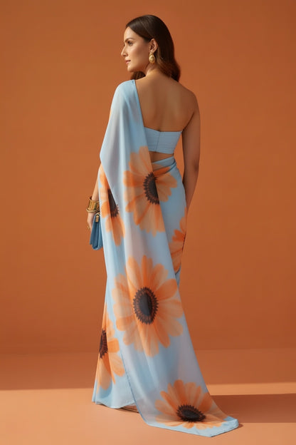 Sky Blue & Orange Sunflower Print Georgette Saree