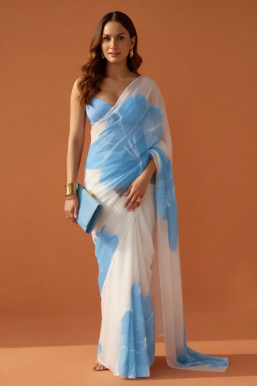 White & Blue Floral Print Georgette Saree