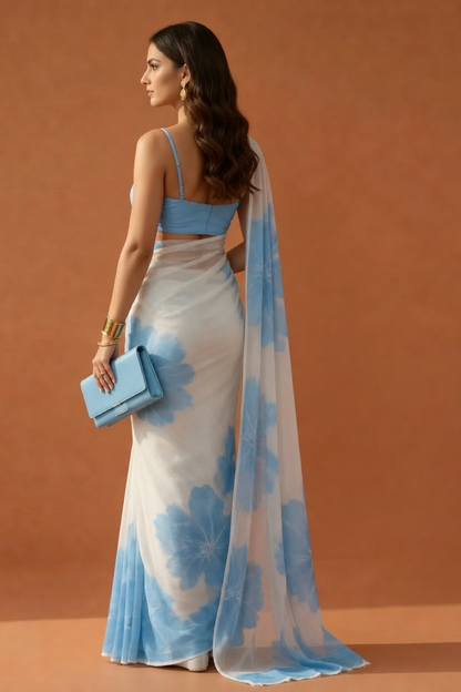 White & Blue Floral Print Georgette Saree