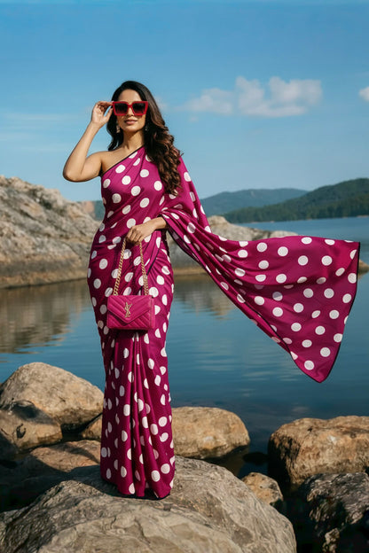 Wine & White Polka Dot Silk Blend Saree