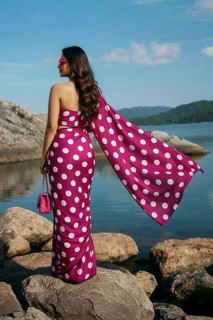 Wine & White Polka Dot Silk Blend Saree