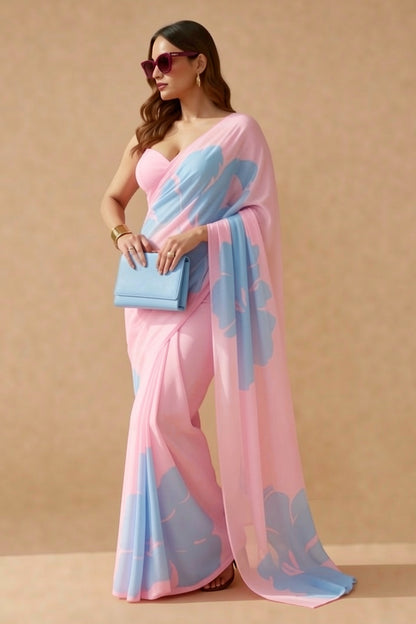 Pink & Blue Floral Print Georgette Saree