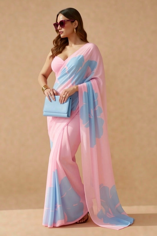 Pink & Blue Floral Print Georgette Saree