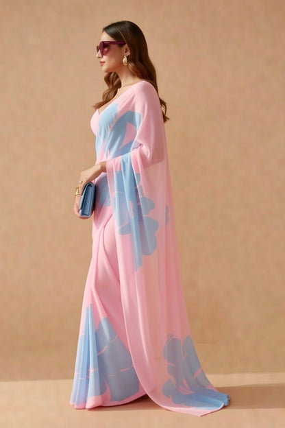 Pink & Blue Floral Print Georgette Saree