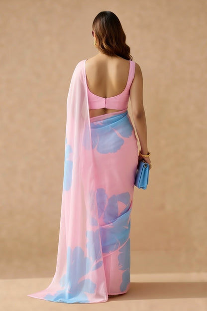 Pink & Blue Floral Print Georgette Saree