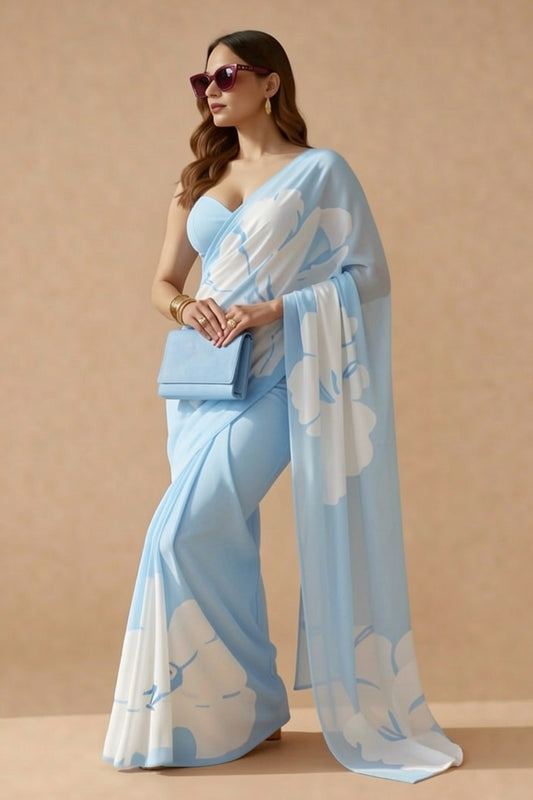 Sky Blue Floral Print Georgette Saree