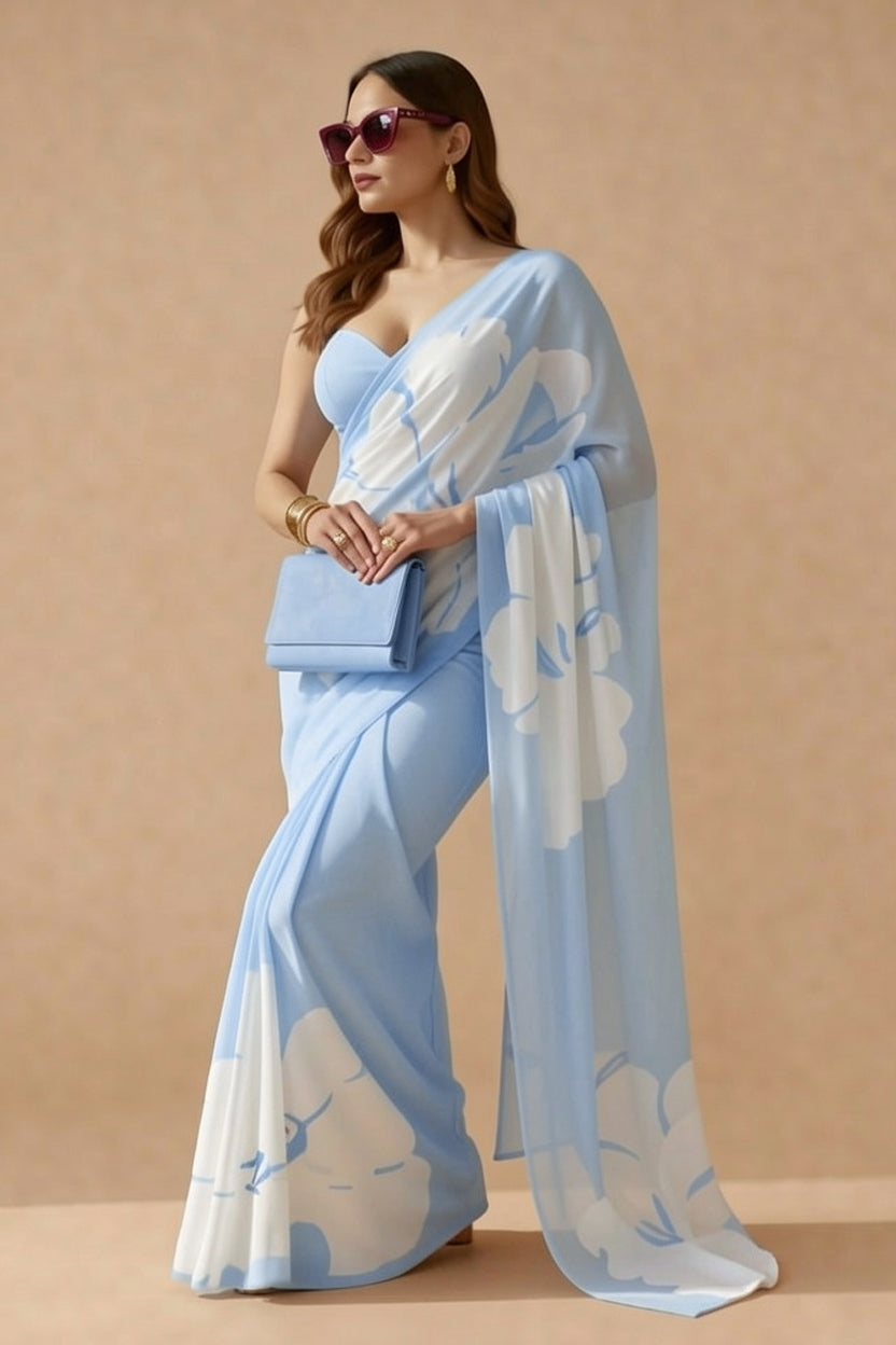 Sky Blue Floral Print Georgette Saree