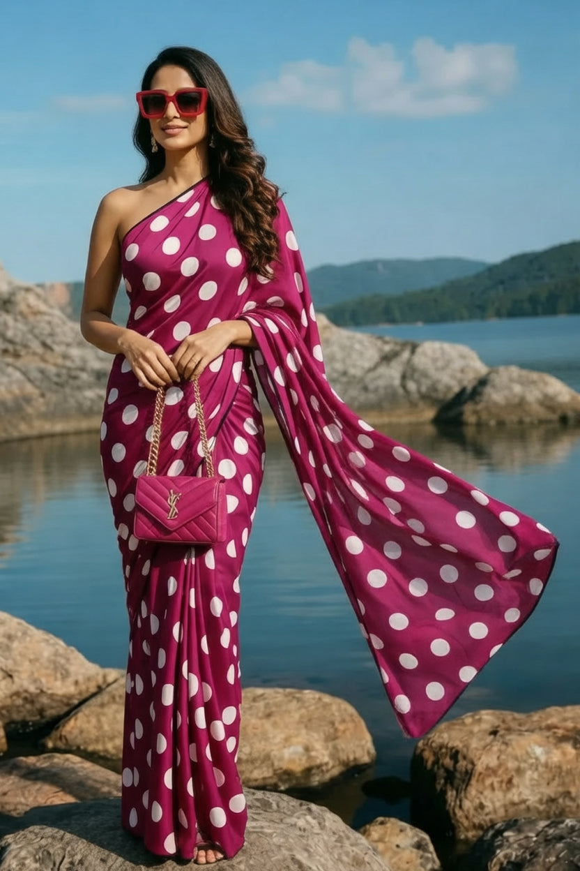 Wine & White Polka Dot Silk Blend Saree