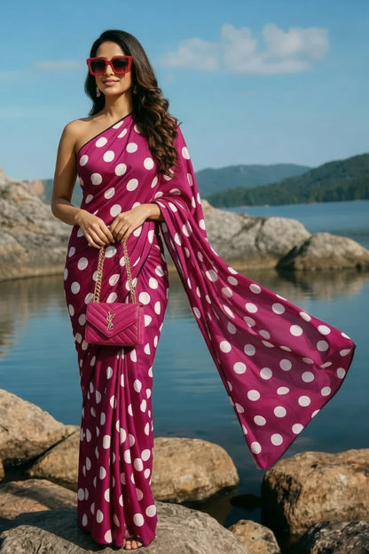 Wine & White Polka Dot Silk Blend Saree