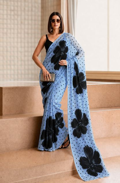 Sky Blue Floral & Polka Dot Georgette Saree