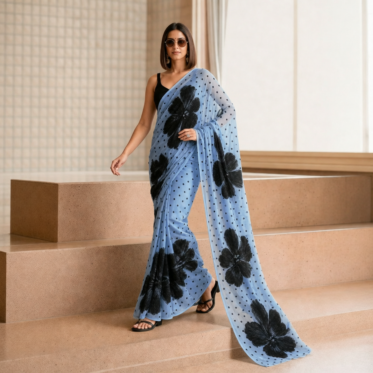 Sky Blue Floral & Polka Dot Georgette Saree