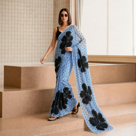 Sky Blue Floral & Polka Dot Georgette Saree