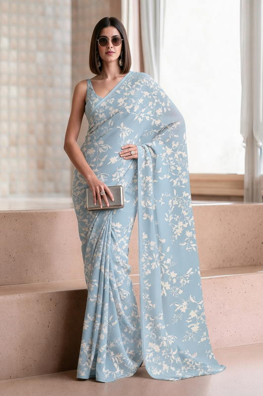 Powder Blue Georgette Floral Print Saree