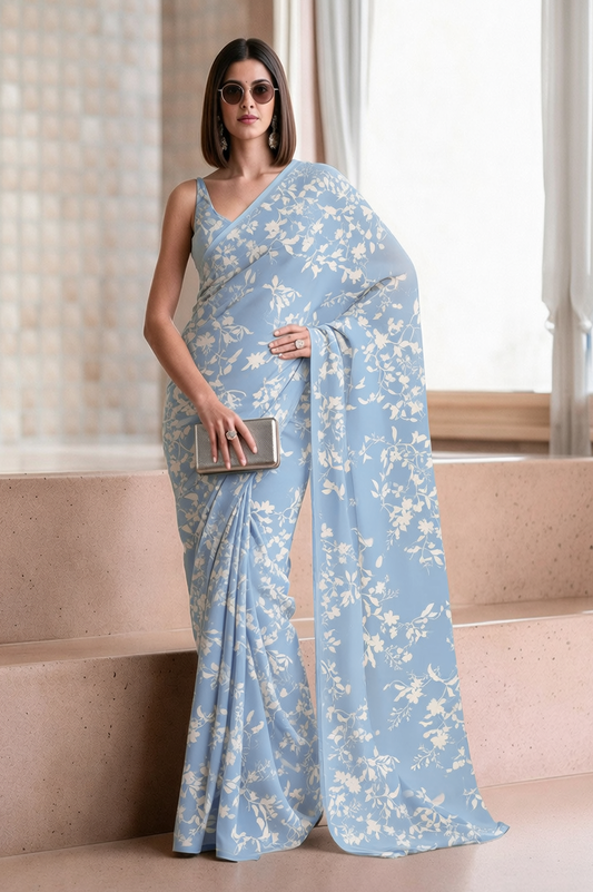 Powder Blue Georgette Floral Print Saree