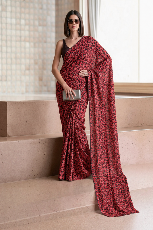 Deep Red Georgette Polka Floral Print Saree