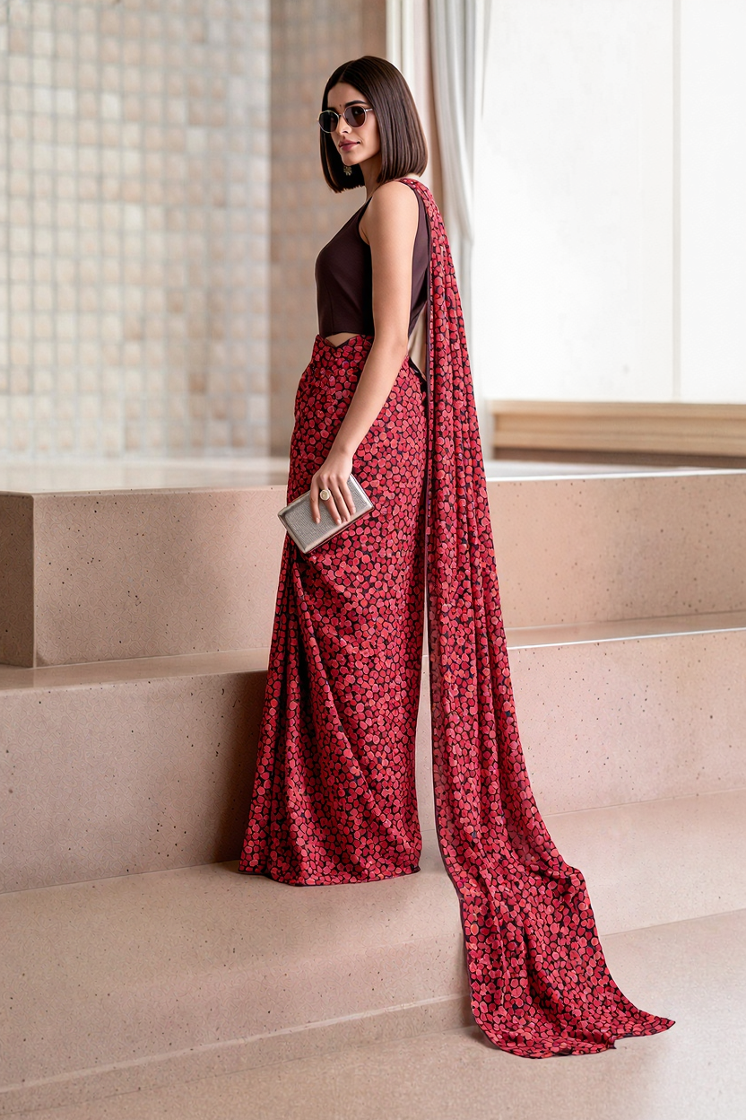 Deep Red Georgette Polka Floral Print Saree