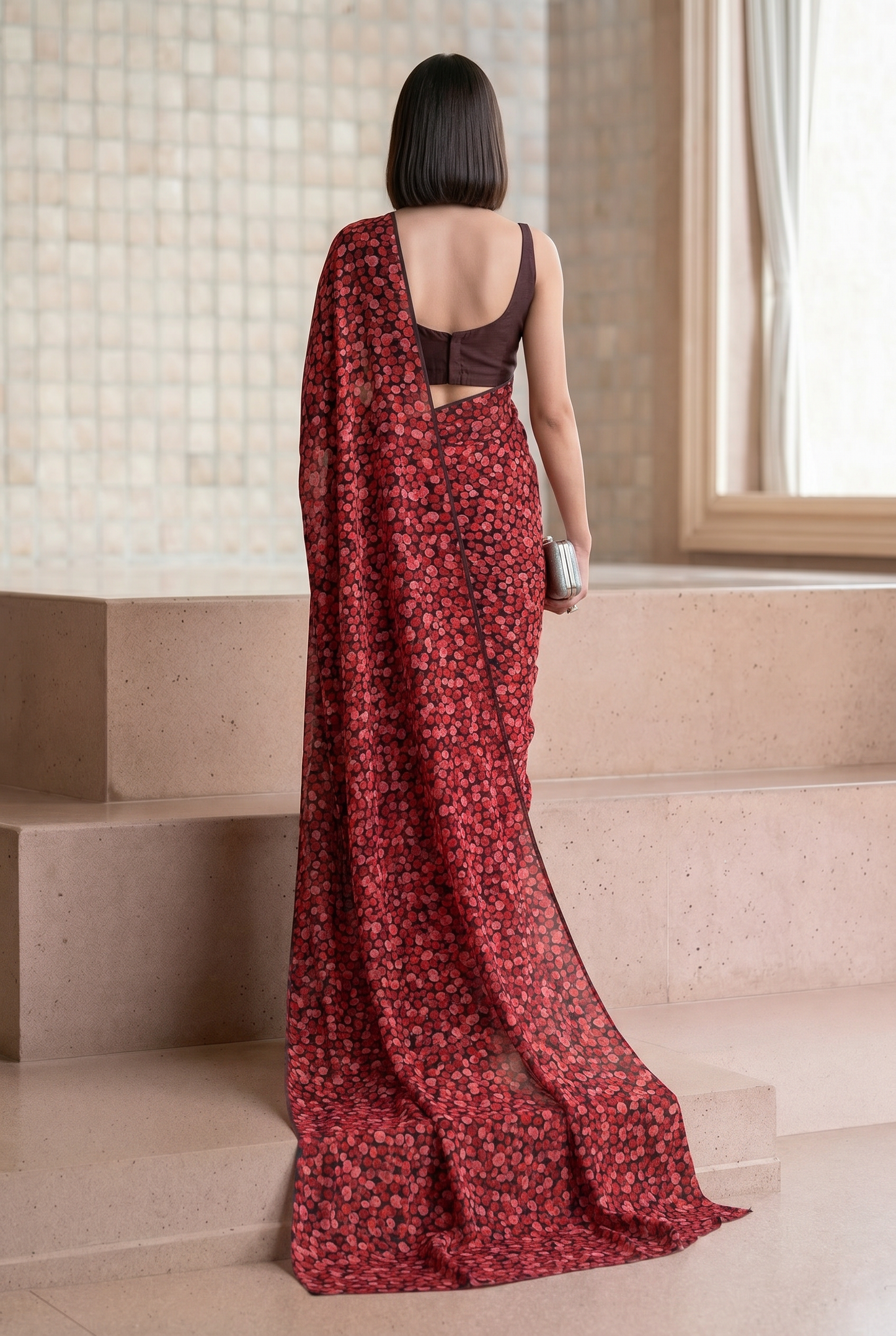 Deep Red Georgette Polka Floral Print Saree