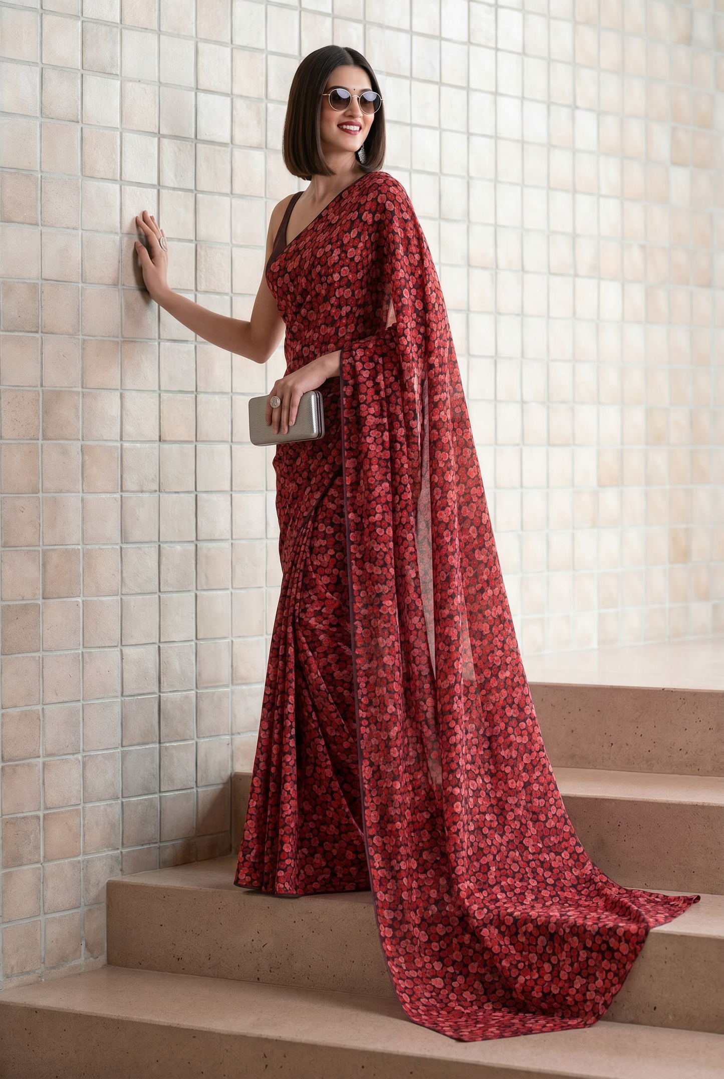 Deep Red Georgette Polka Floral Print Saree