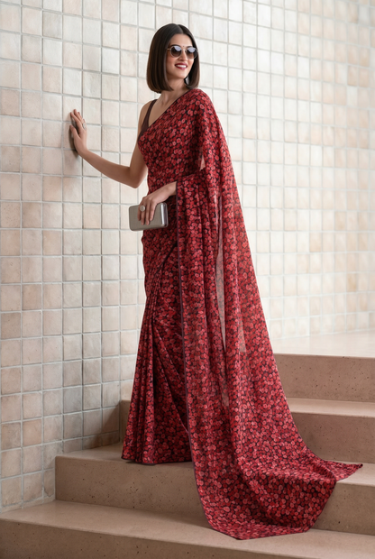 Deep Red Georgette Polka Floral Print Saree