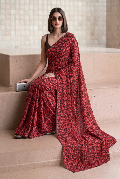 Deep Red Georgette Polka Floral Print Saree
