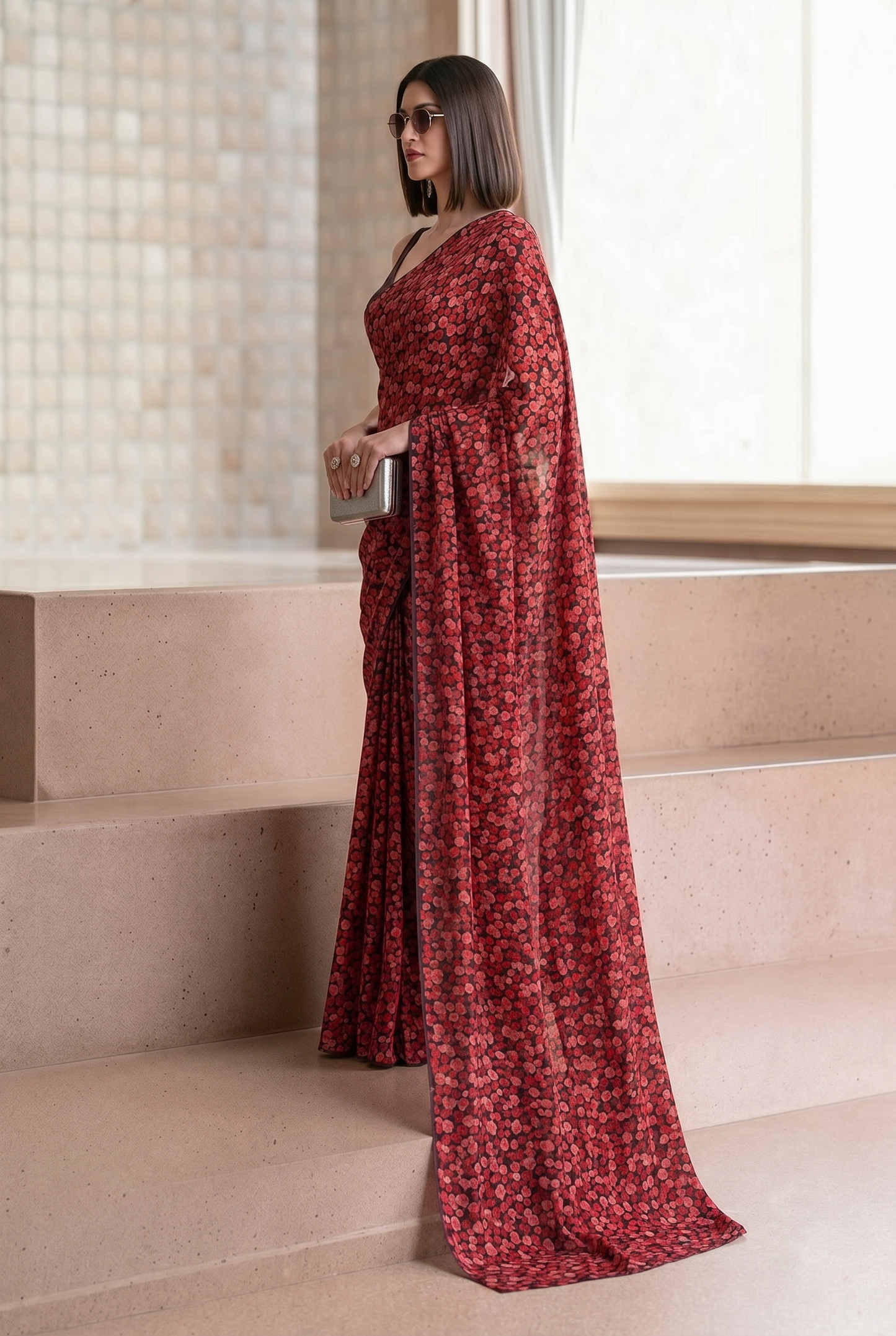 Deep Red Georgette Polka Floral Print Saree