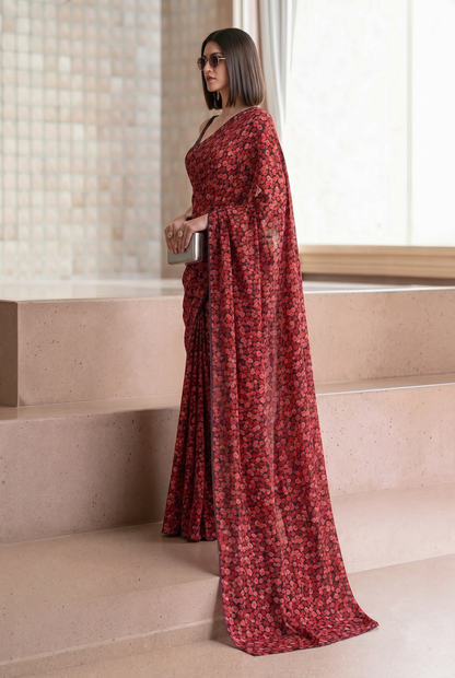 Deep Red Georgette Polka Floral Print Saree