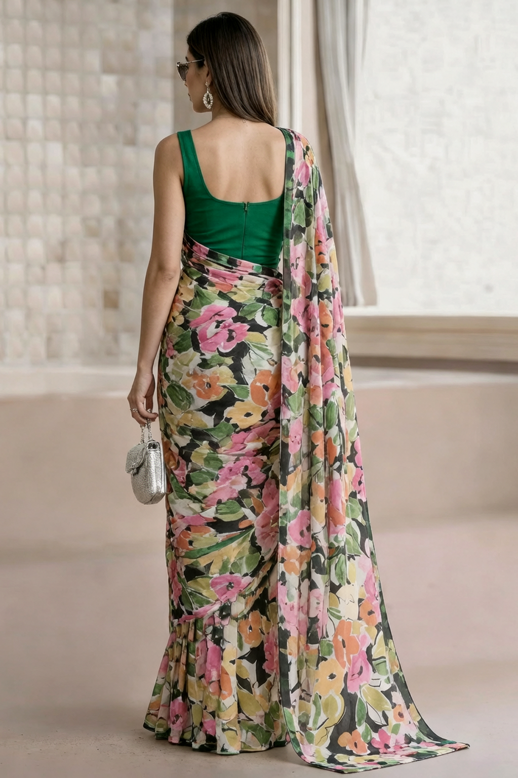 Ivory Multicolour Georgette Abstract Floral Print Saree