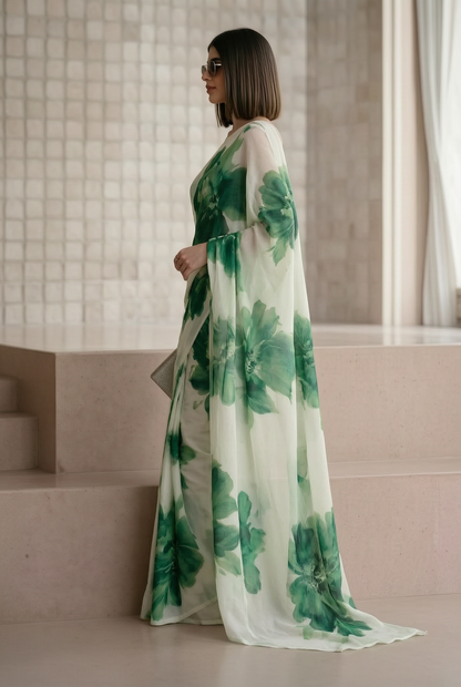 White & Green Georgette Floral Print Saree