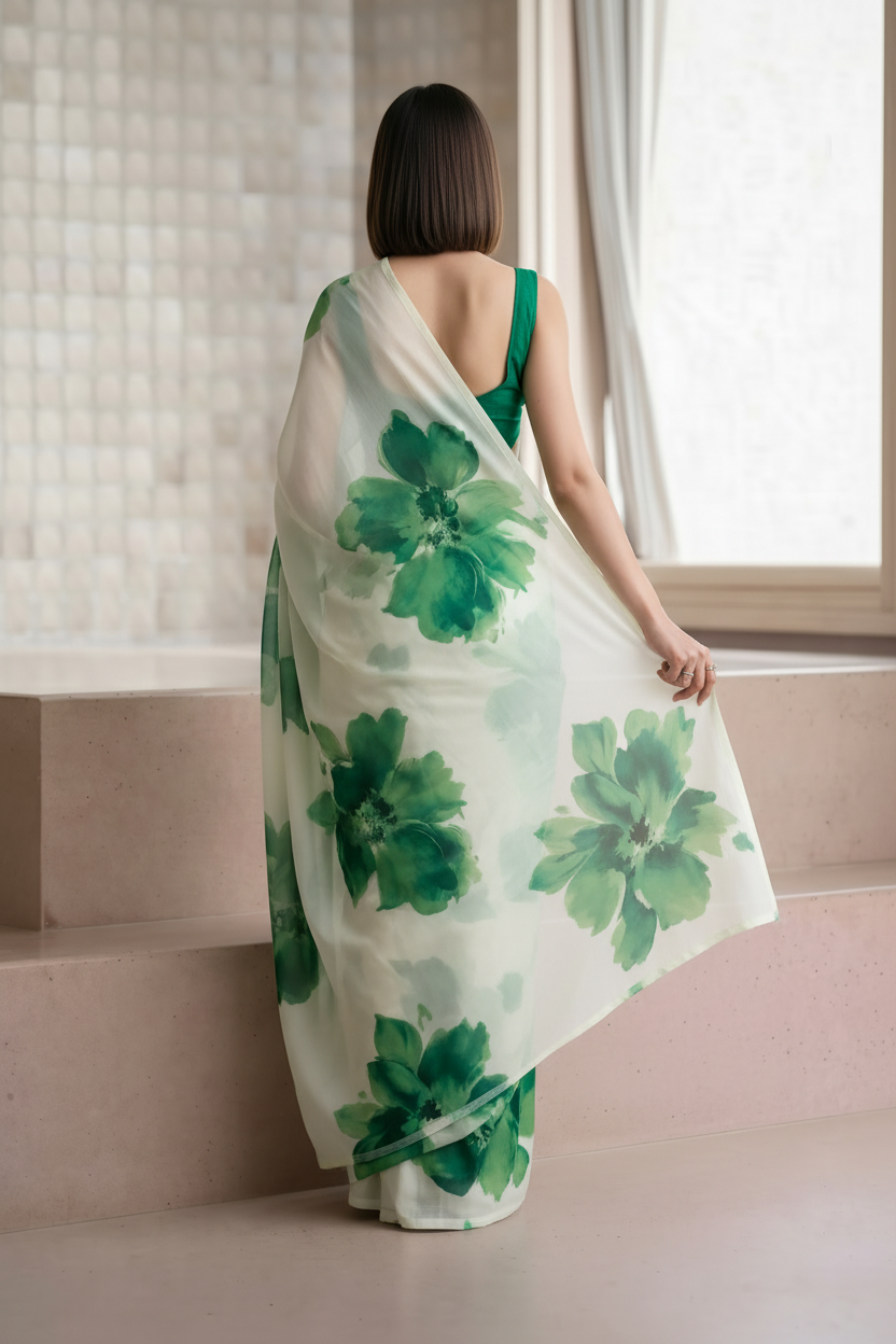 White & Green Georgette Floral Print Saree