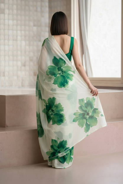 White & Green Georgette Floral Print Saree