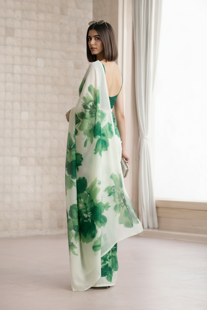 White & Green Georgette Floral Print Saree