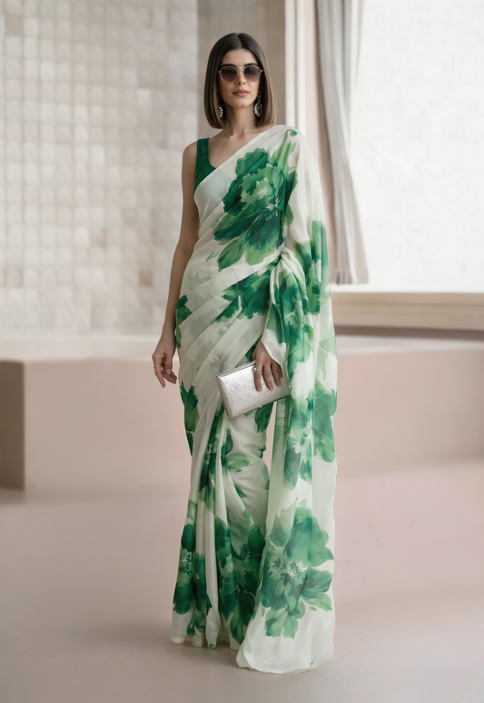 White & Green Georgette Floral Print Saree
