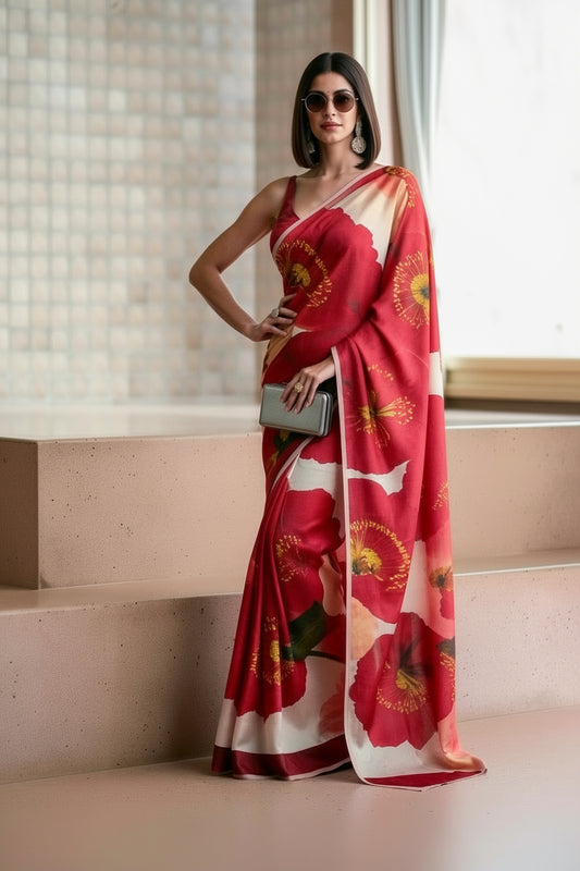 White & Red Silk Blend Oversized Poppy Print Saree