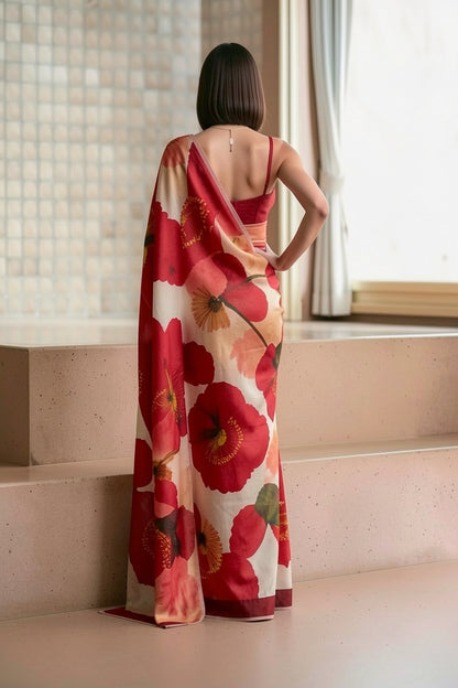 White & Red Silk Blend Oversized Poppy Print Saree