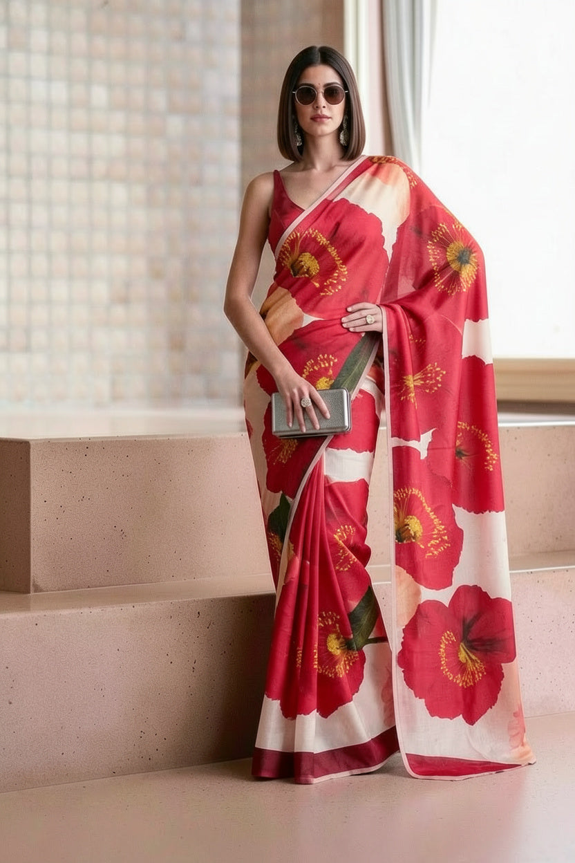 White & Red Silk Blend Oversized Poppy Print Saree