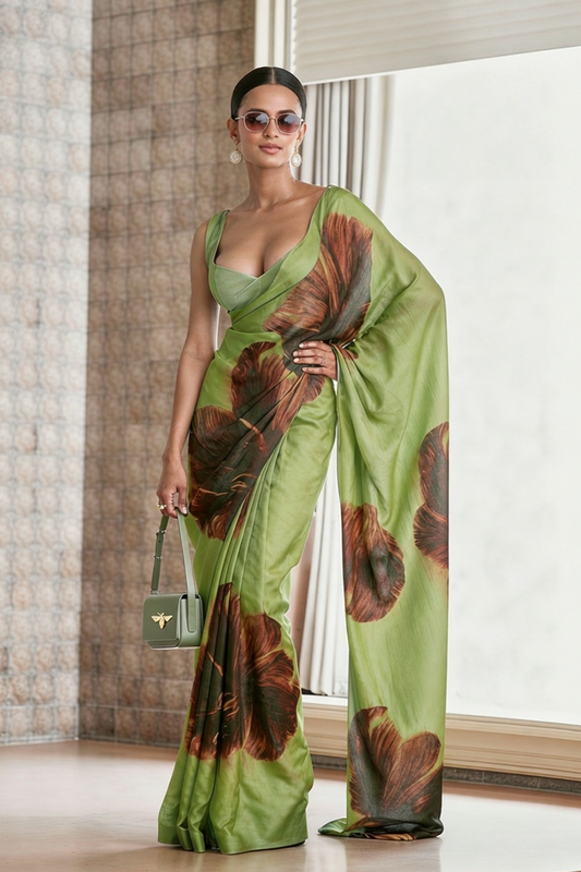 Olive Green Georgette Floral Print Saree
