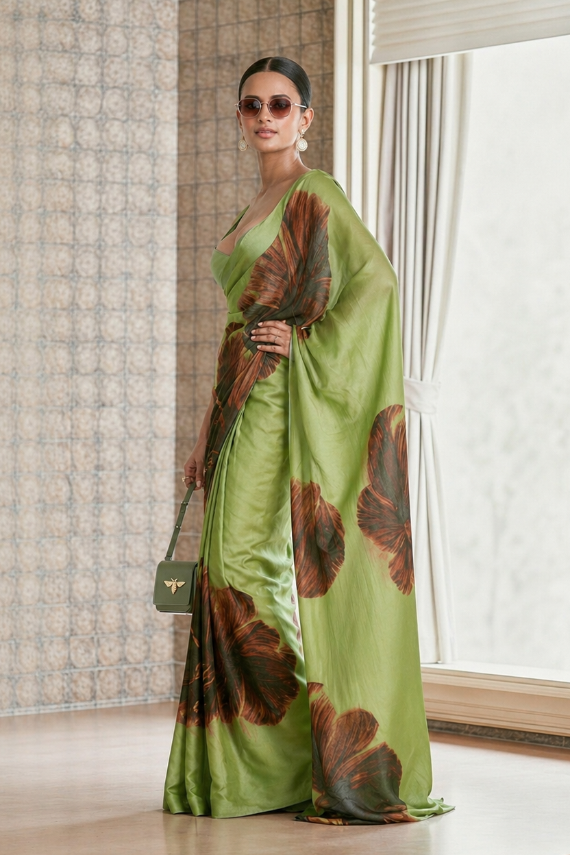 Olive Green Floral Print Silk Blend  Saree