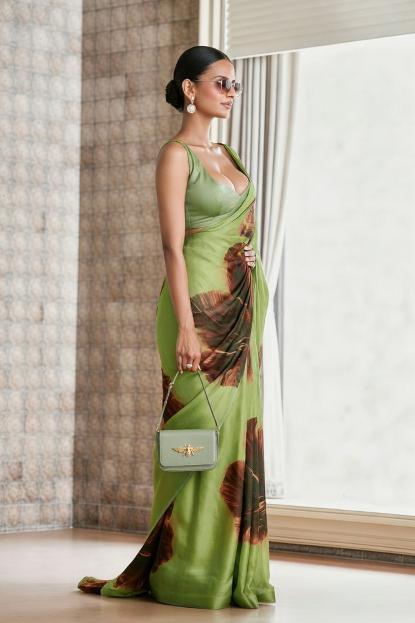 Olive Green Floral Print Silk Blend  Saree
