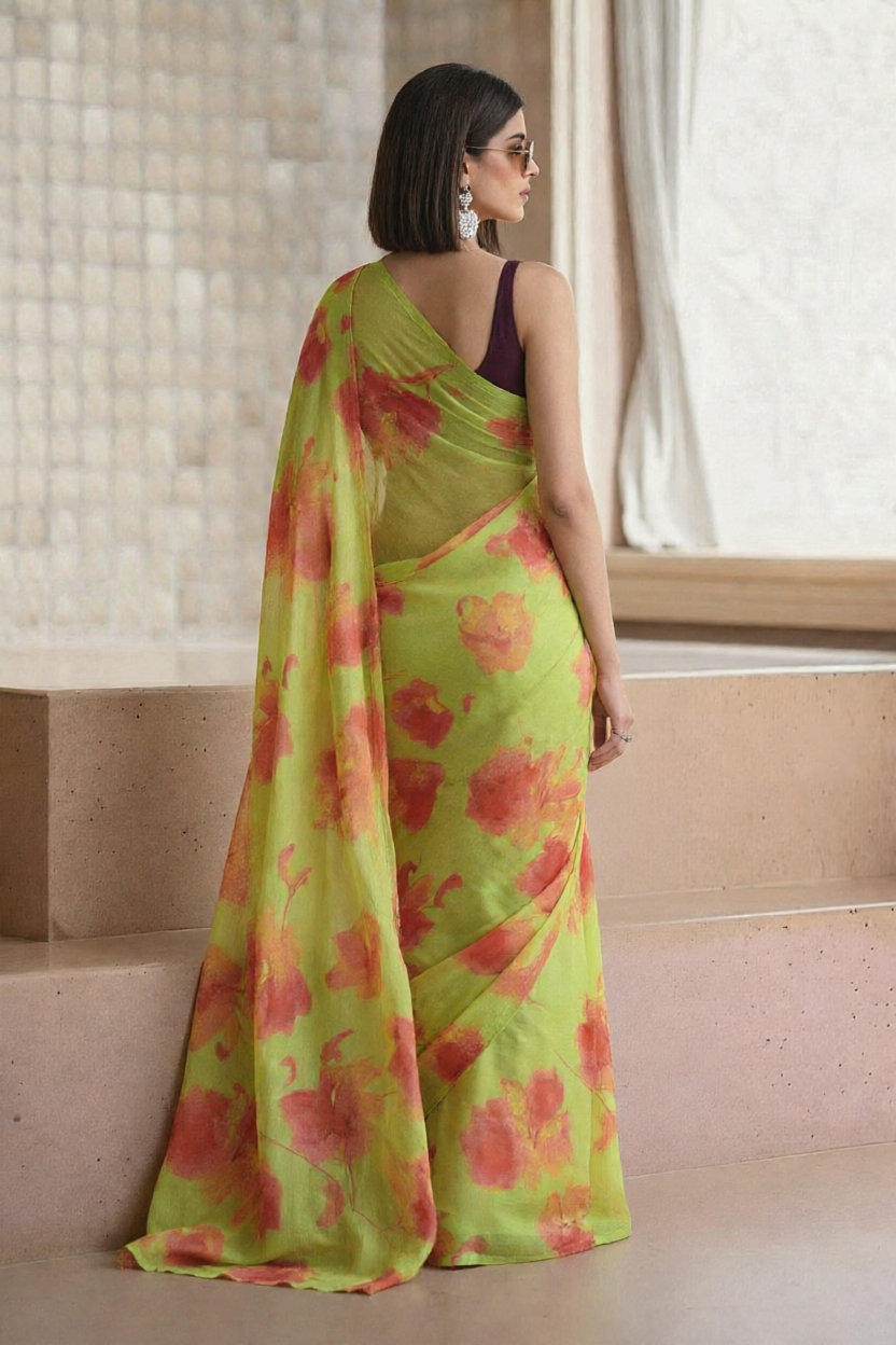 Lime Green Georgette Floral Print Saree