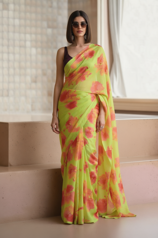 Lime Green Georgette Floral Print Saree
