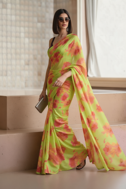 Lime Green Georgette Floral Print Saree