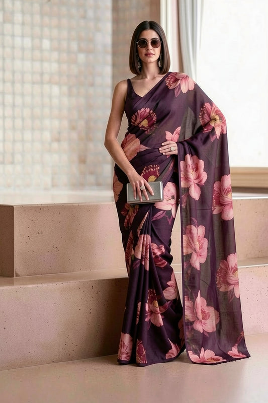 Deep Plum Georgette Floral Print Saree