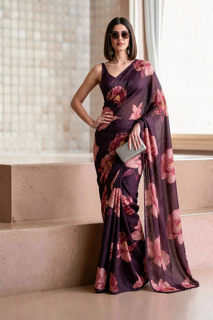 Deep Plum Georgette Floral Print Saree