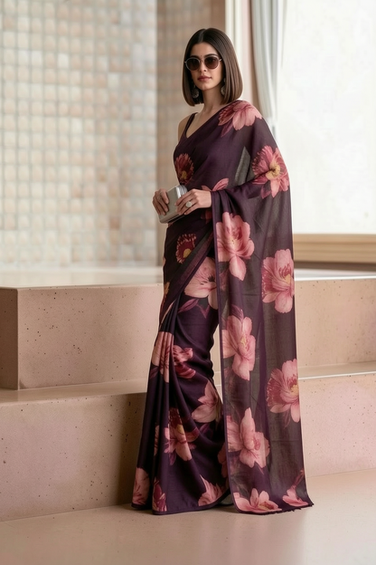 Deep Plum Georgette Floral Print Saree