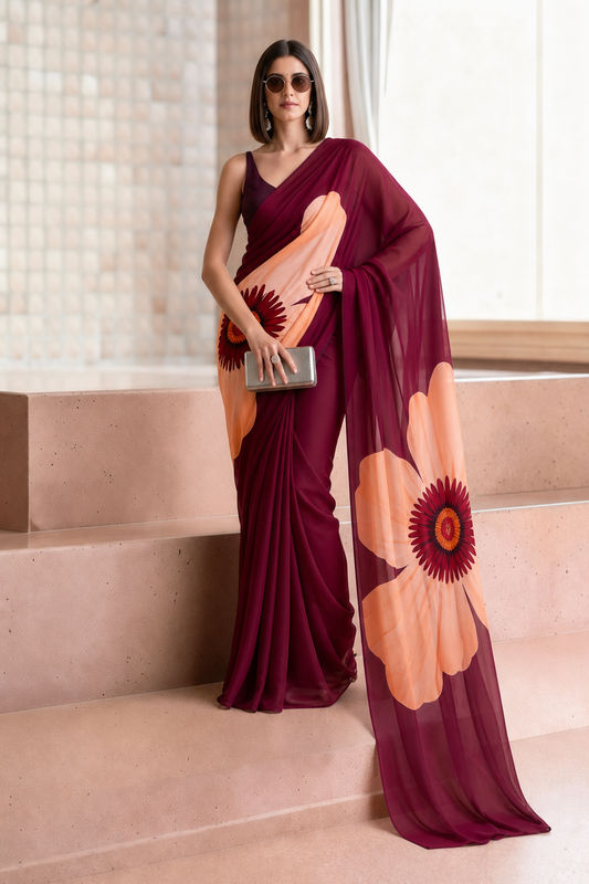 Wine Georgette Daisy Print Saree