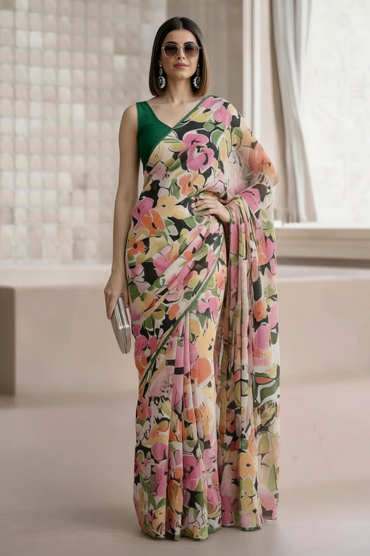 Ivory Multicolour Georgette Abstract Floral Print Saree
