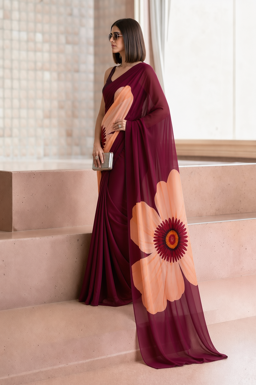 Wine Georgette Daisy Print Saree
