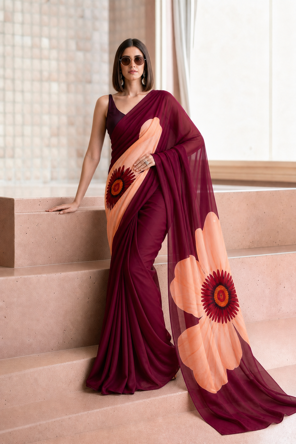 Wine Georgette Daisy Print Saree